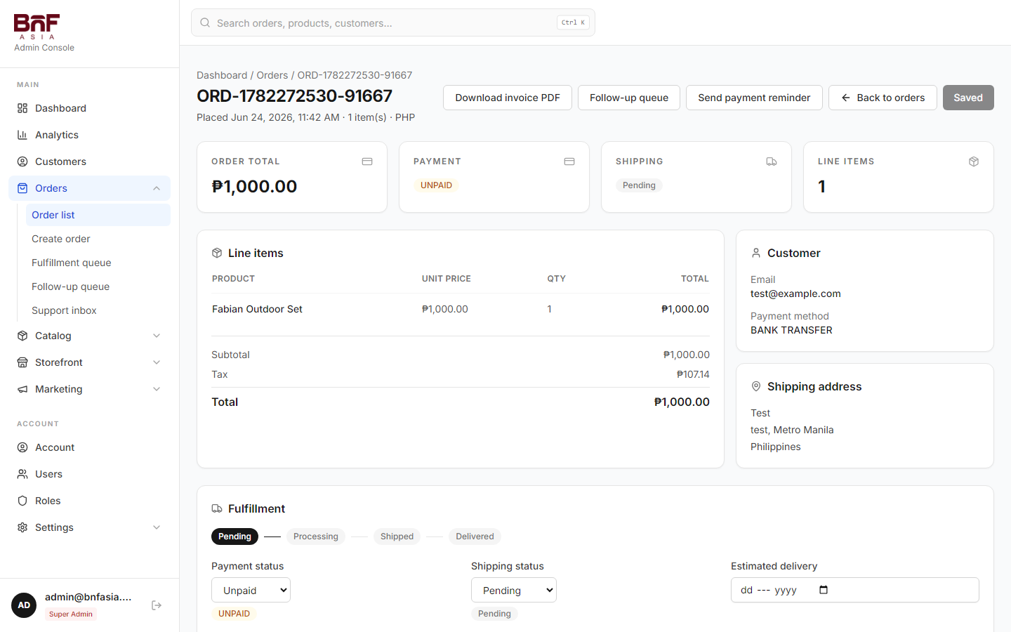 Order detail with fulfillment and tracking