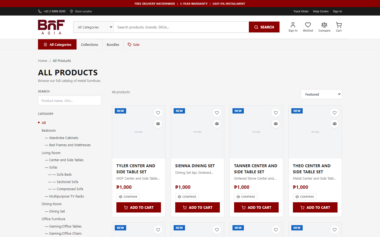 Product catalog with sidebar filters and product grid