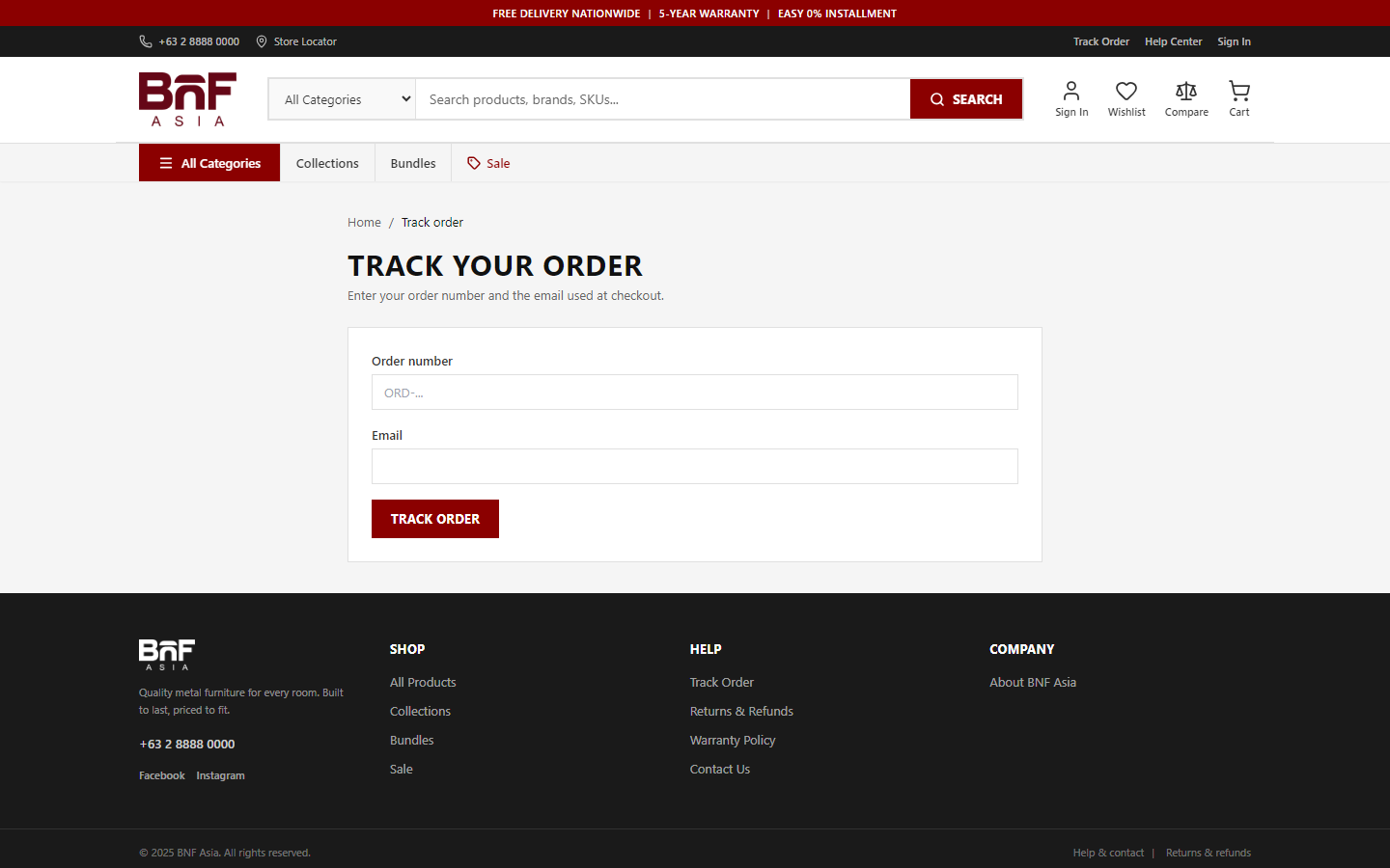 Track order page with order number and email fields